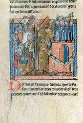 Fr.2630 f.22v Kreuzfahrer bombardieren Nicaea mit Köpfen im Jahr 1097, aus der Estoire d